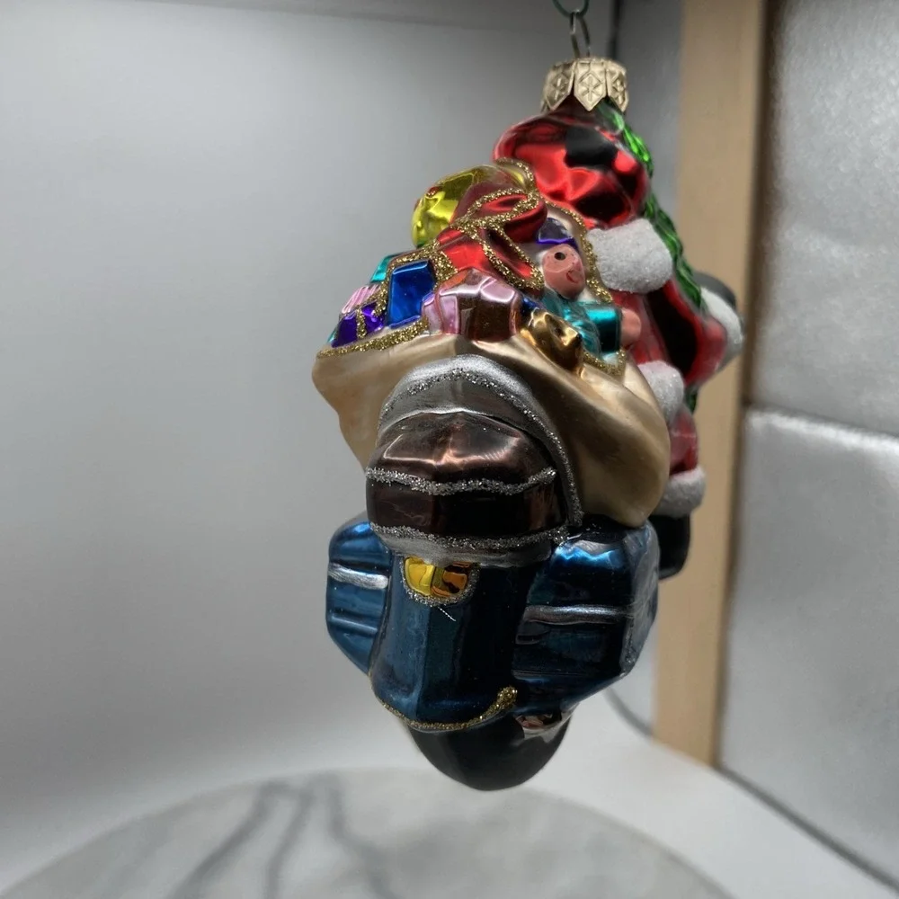 Kurt Adler Santa on Motorcycle Glass Christmas Ornament Blue Silver Red